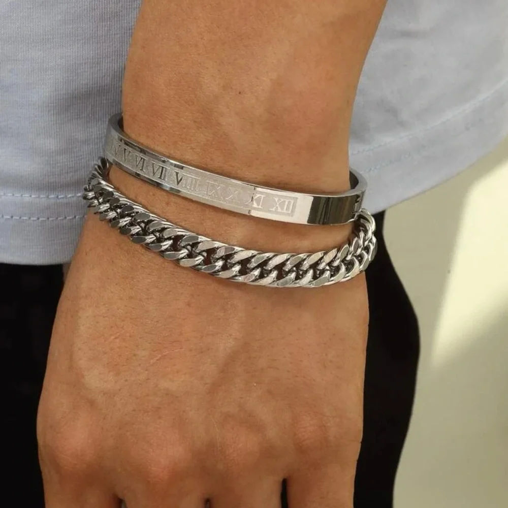 Men Chain Bracelet & Roman Numerals Bangle